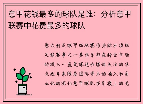 意甲花钱最多的球队是谁：分析意甲联赛中花费最多的球队